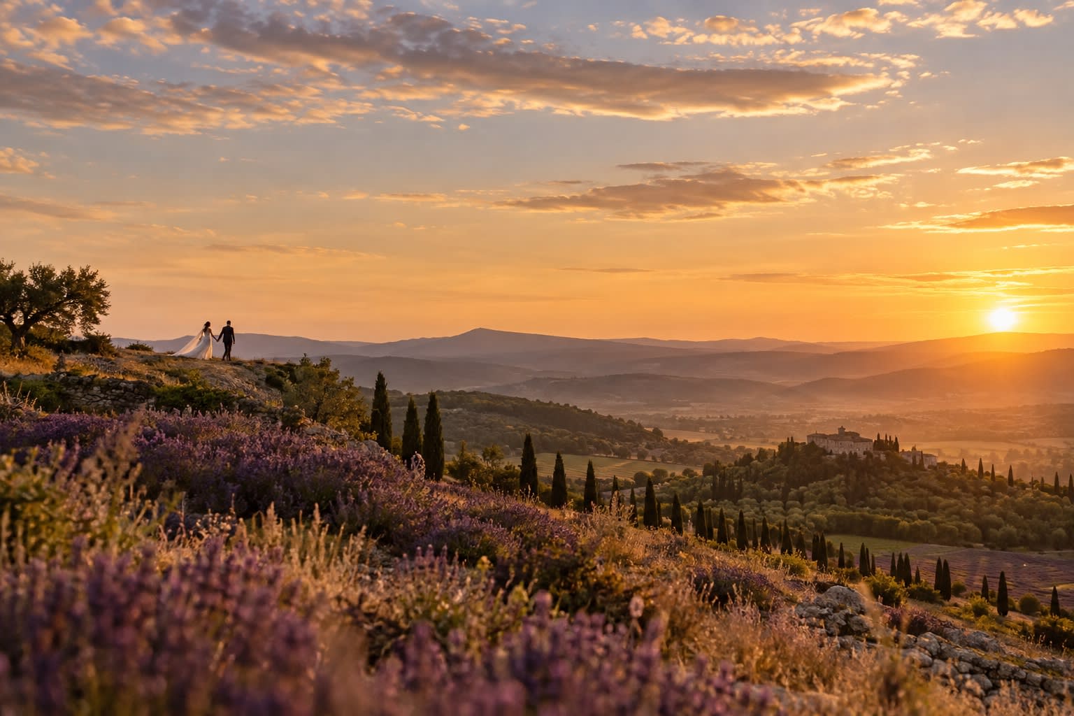 Les mariés minuscules sur une crête de collines provençales au couchant.