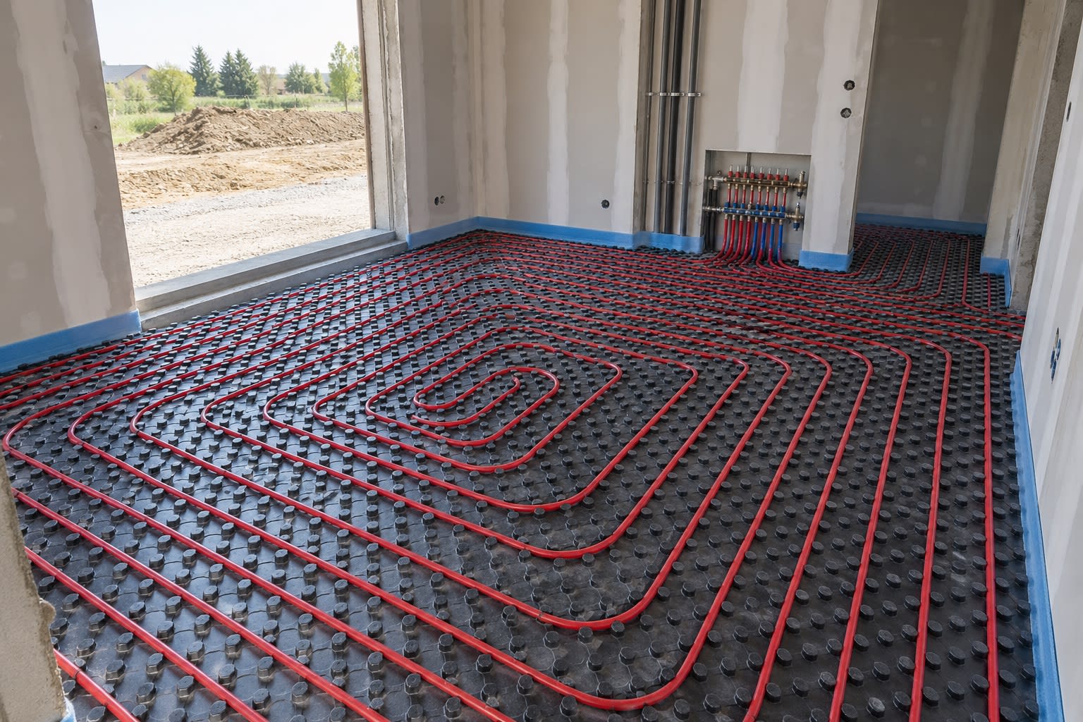 Plancher chauffant : tubes posés sur la dalle avant chape.