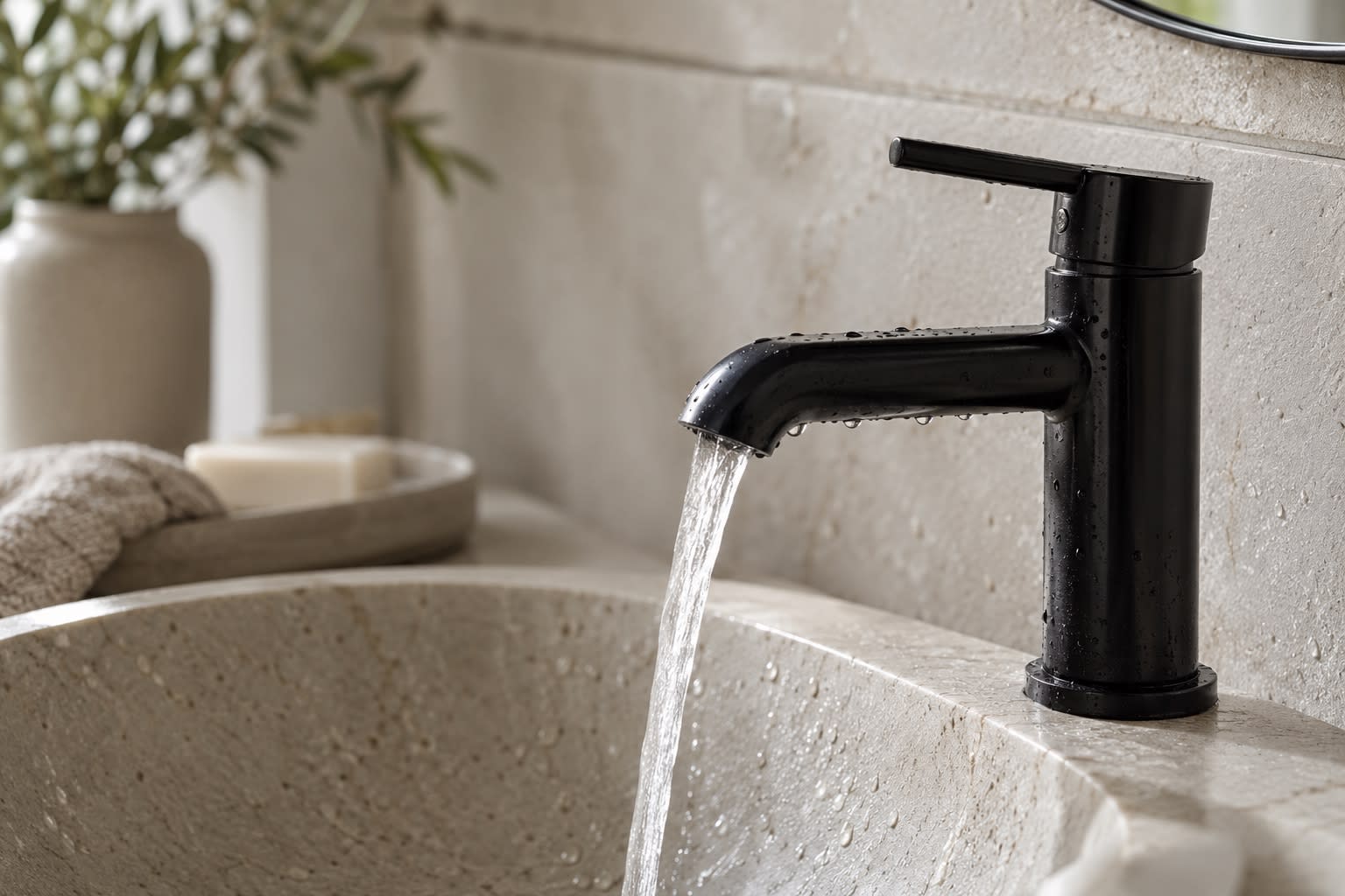Mitigeur noir mat sur une vasque en pierre, eau qui coule.