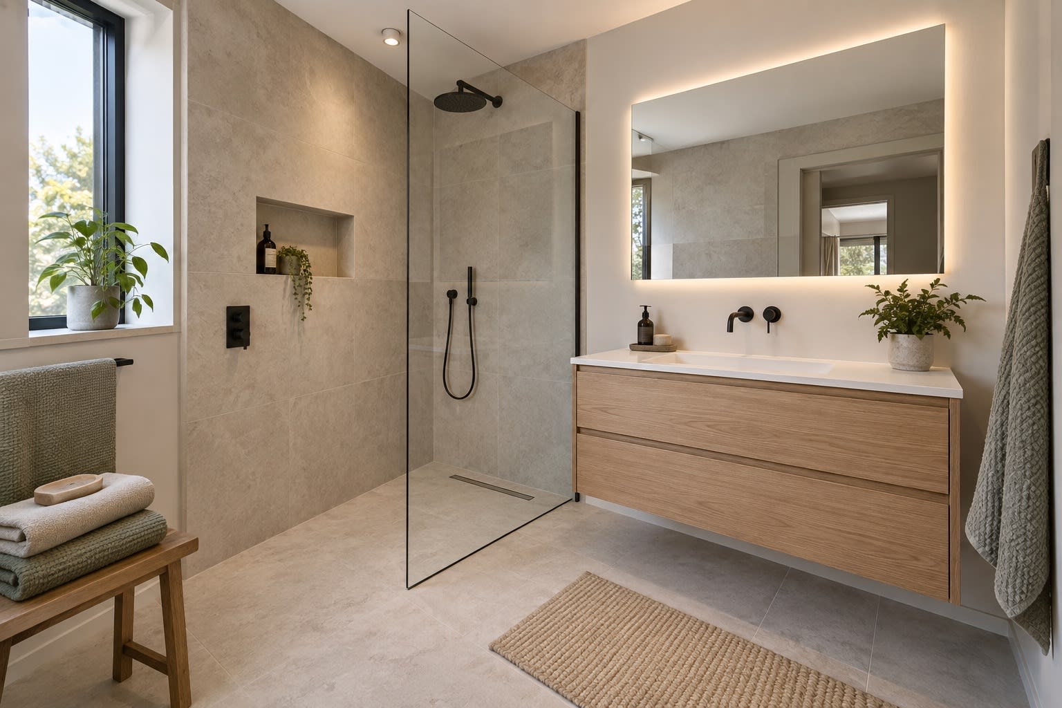 Salle de bains rénovée : douche à l'italienne et meuble vasque en chêne.