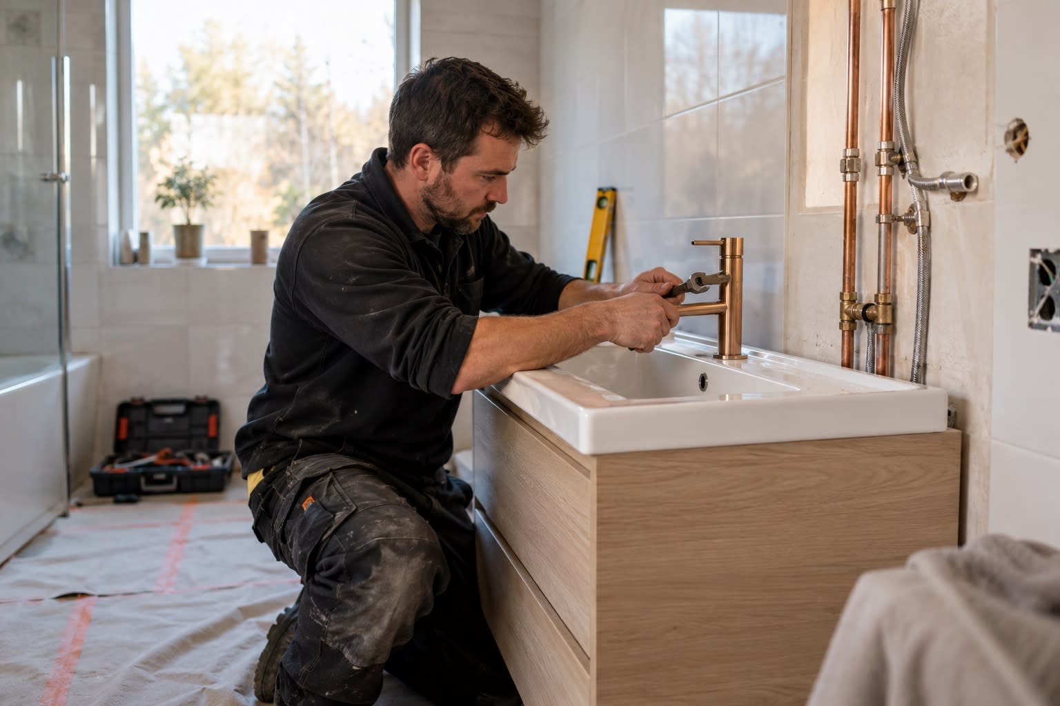 Salle de bains en cours d'installation : serrage du raccord d'un mitigeur, alimentations en cuivre apparentes.