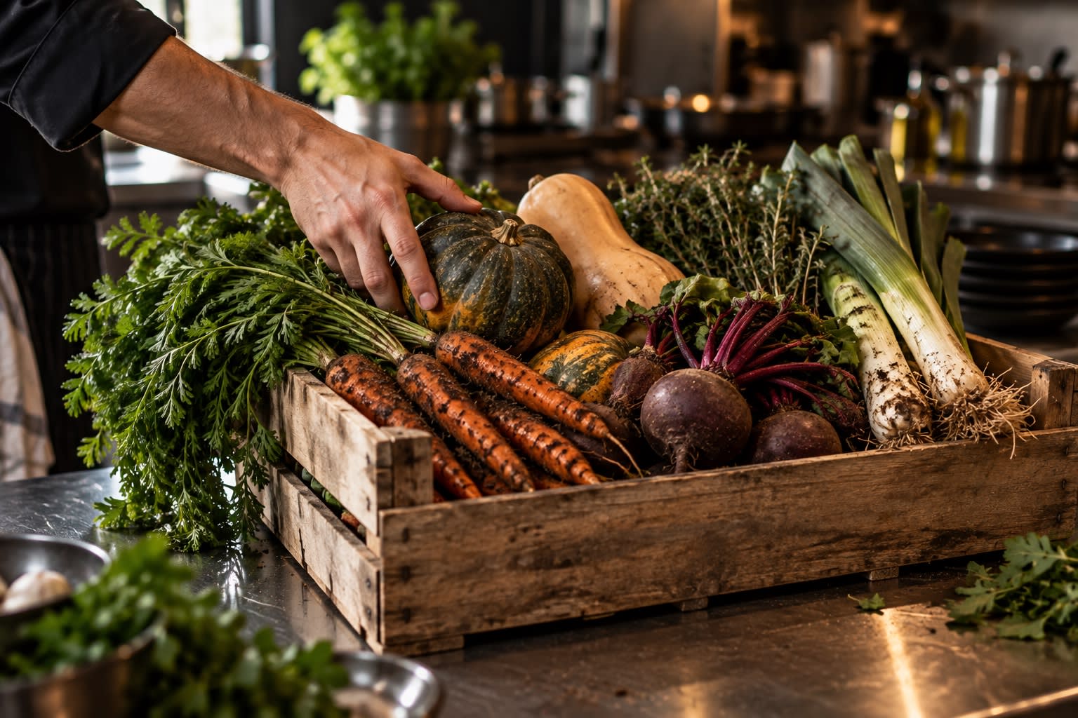 Cagette de légumes de saison encore terreux sur un plan de travail en inox.