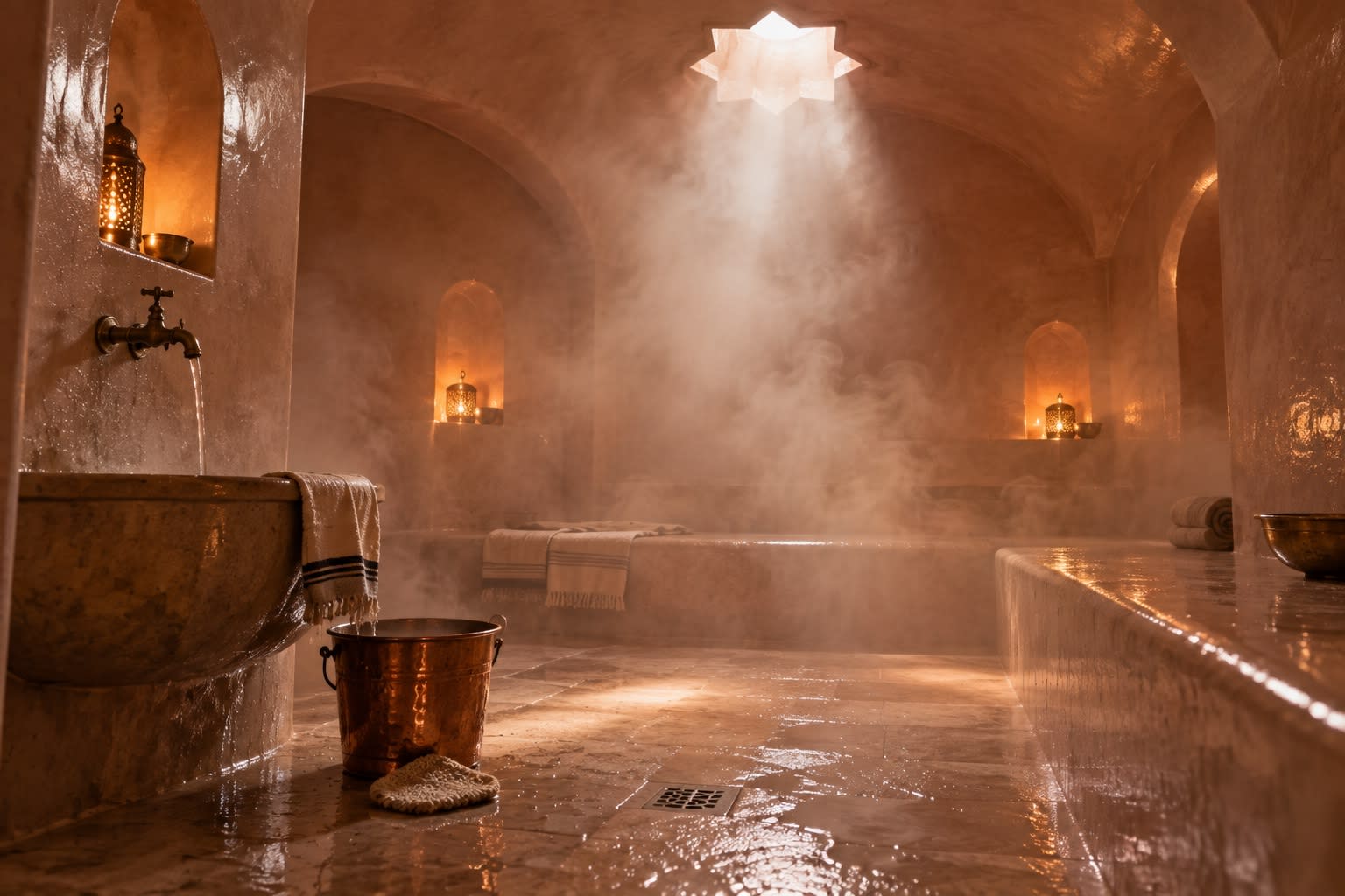 Hammam en tadelakt, vapeur traversée par un rai de lumière venu du plafond.