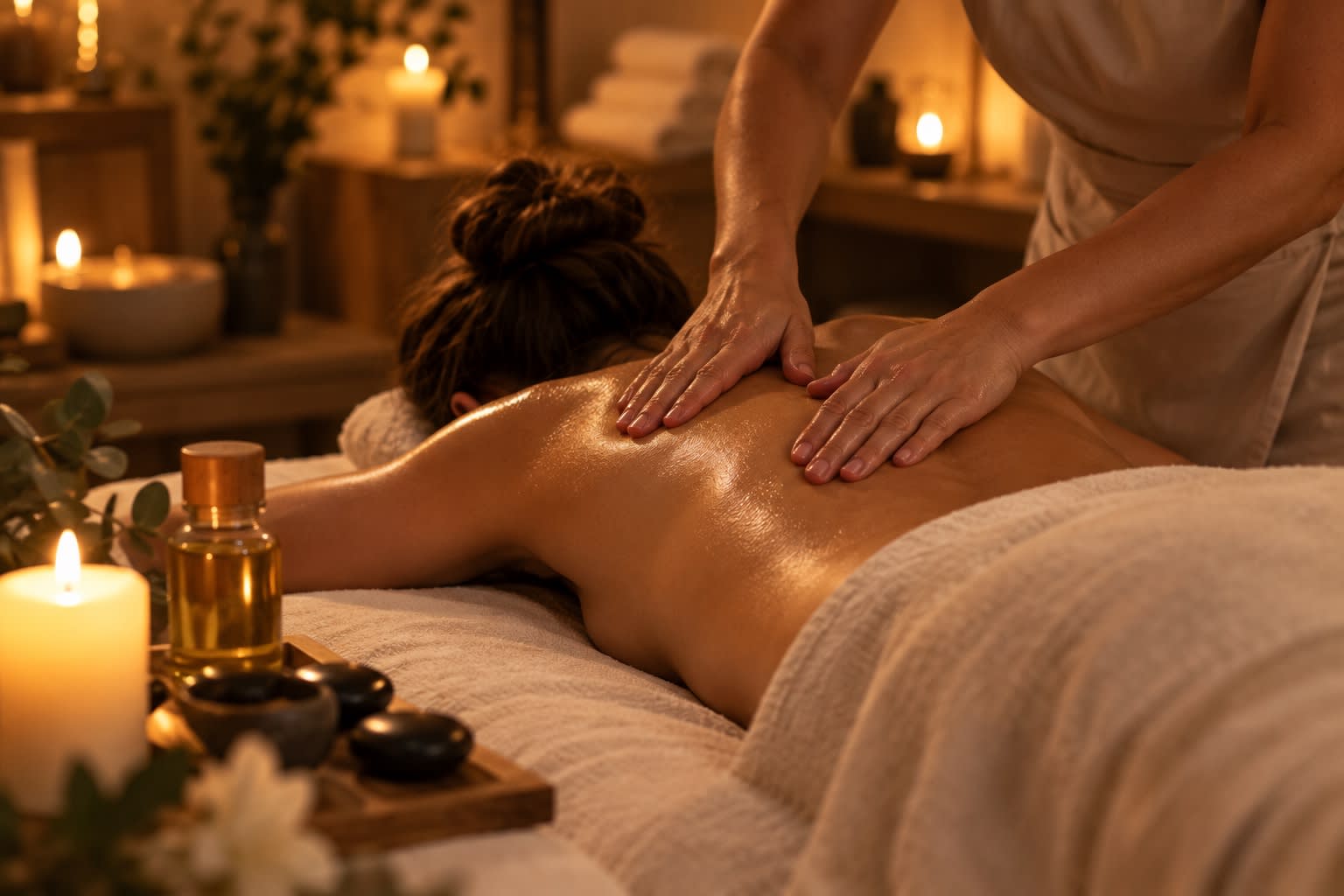 Massage du dos aux huiles, drap de lin écru et bougie allumée.