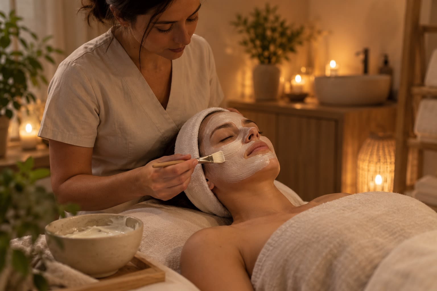 Soin du visage en cabine : application d'un masque crème, lumière tamisée.