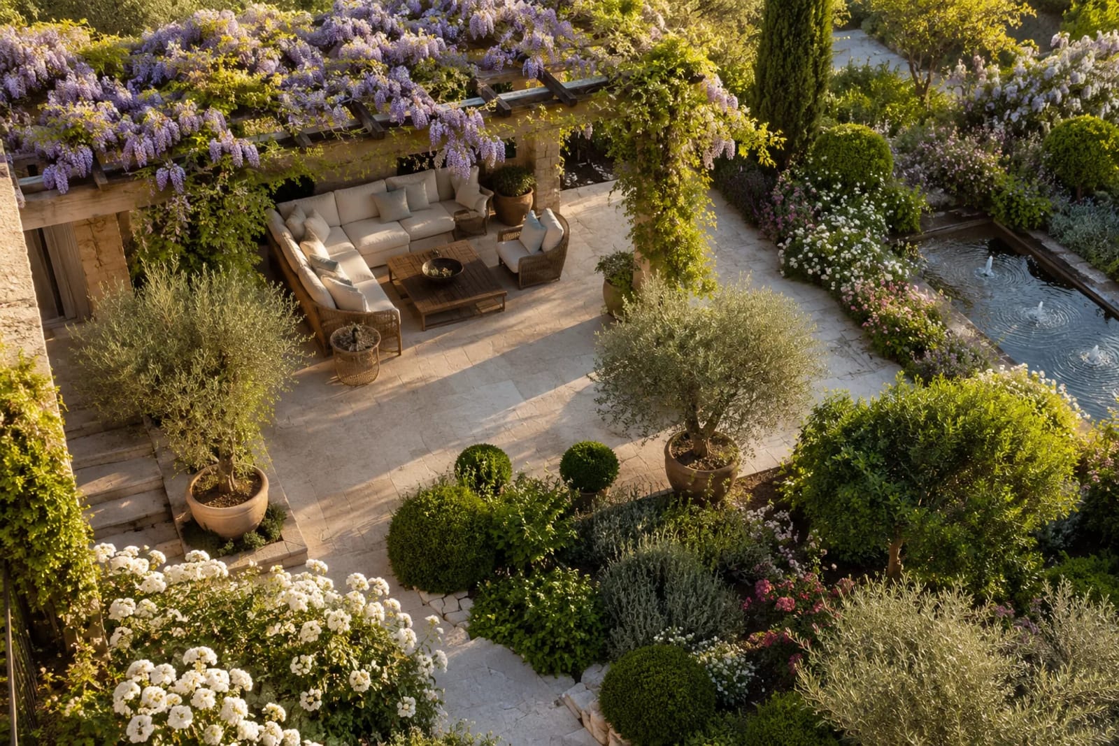 Terrasse de jardin provençal avec pergola fleurie, salon d'extérieur et oliviers, vue en hauteur