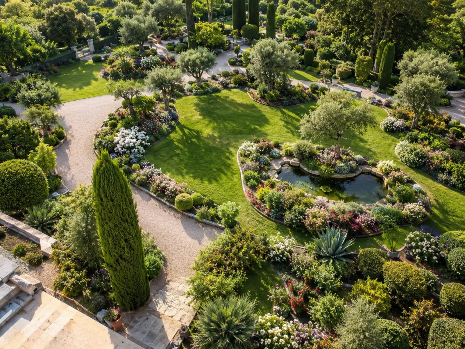 Grand jardin paysager provençal vu en hauteur : pelouse, massifs fleuris, bassin et allées