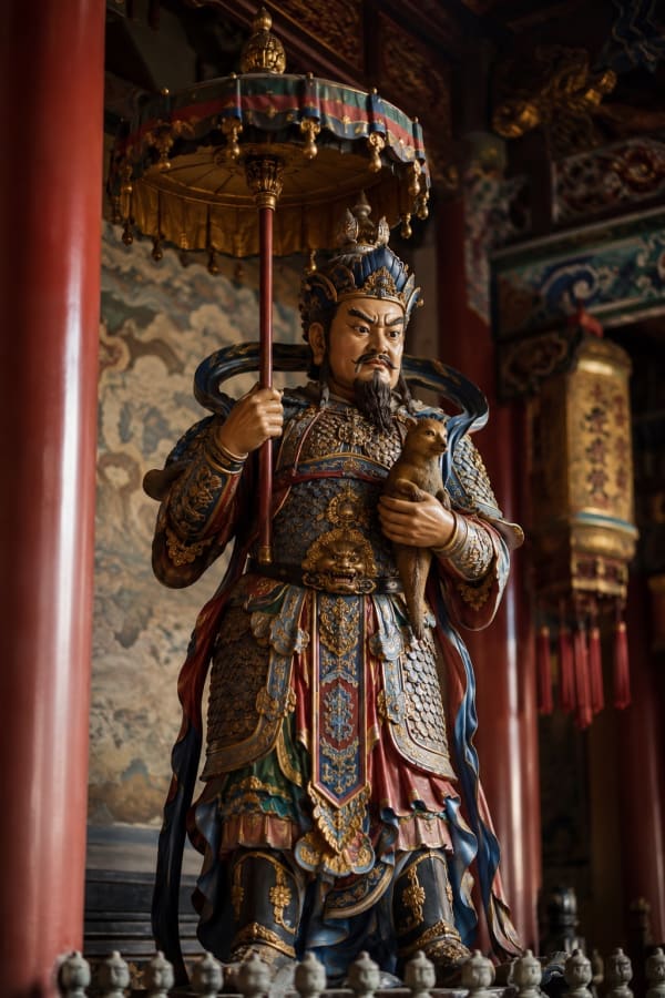 Duowen Tianwang, gardien du Nord chinois, tenant une ombrelle