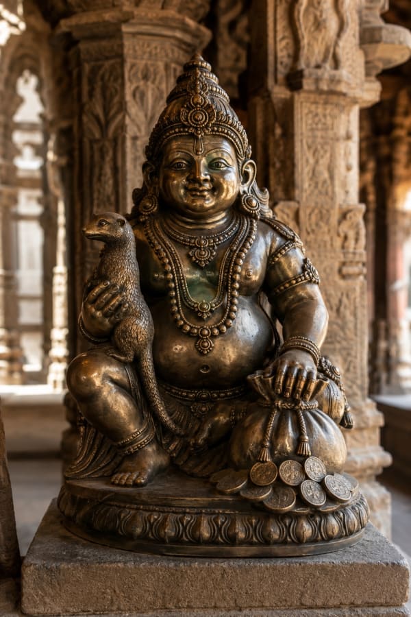 Kubera, dieu hindou de la richesse, statue de bronze dans un temple indien