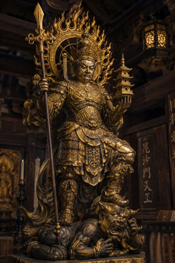 Bishamonten, le gardien japonais, en armure dorée avec halo de flammes
