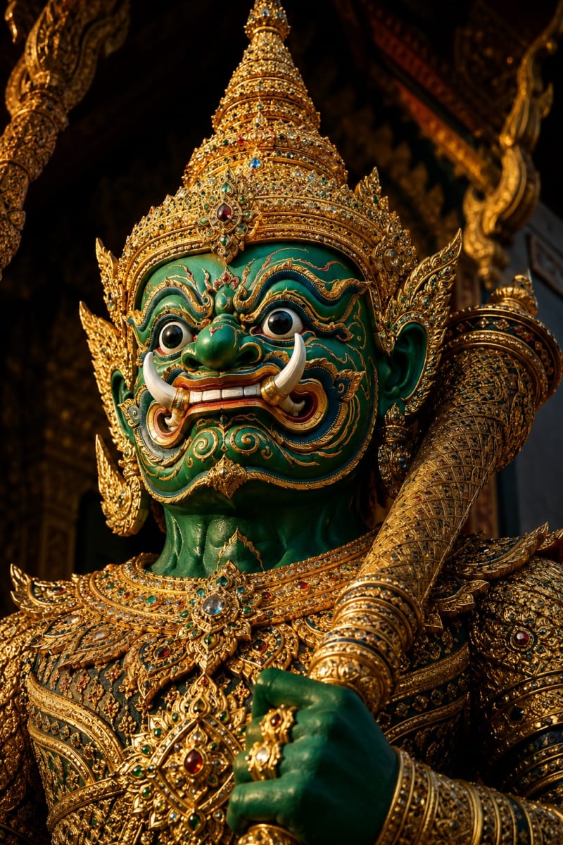 Thao Wessuwan, géant gardien au visage vert à l'entrée d'un temple thaïlandais