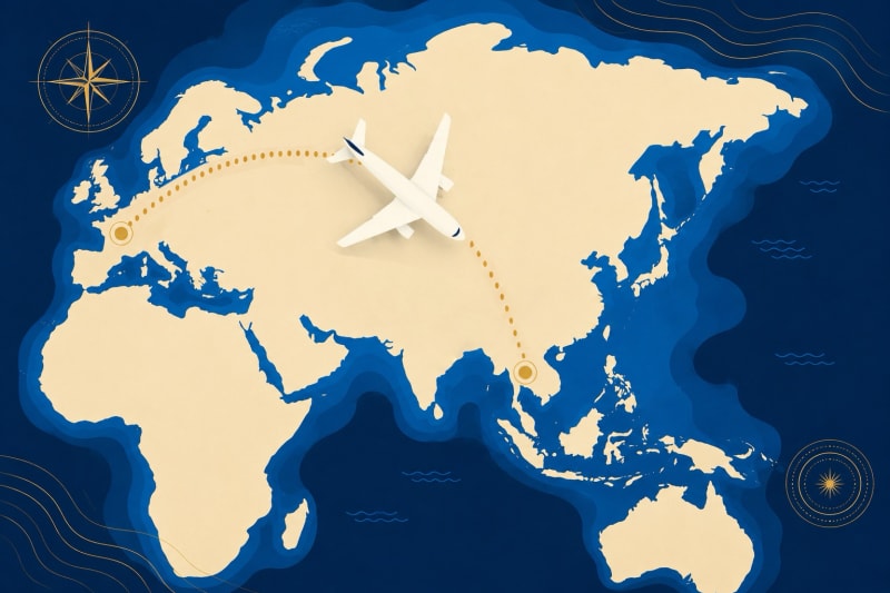 Carte stylisée du trajet en avion entre la France et la Thaïlande