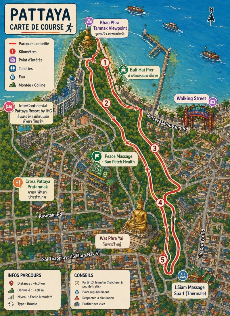Carte illustrée du parcours de course Pratamnak Hill Pattaya avec points de repère