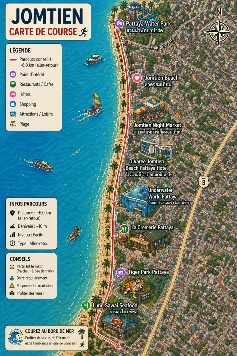 Carte illustrée du parcours de course Jomtien Beach avec points de repère