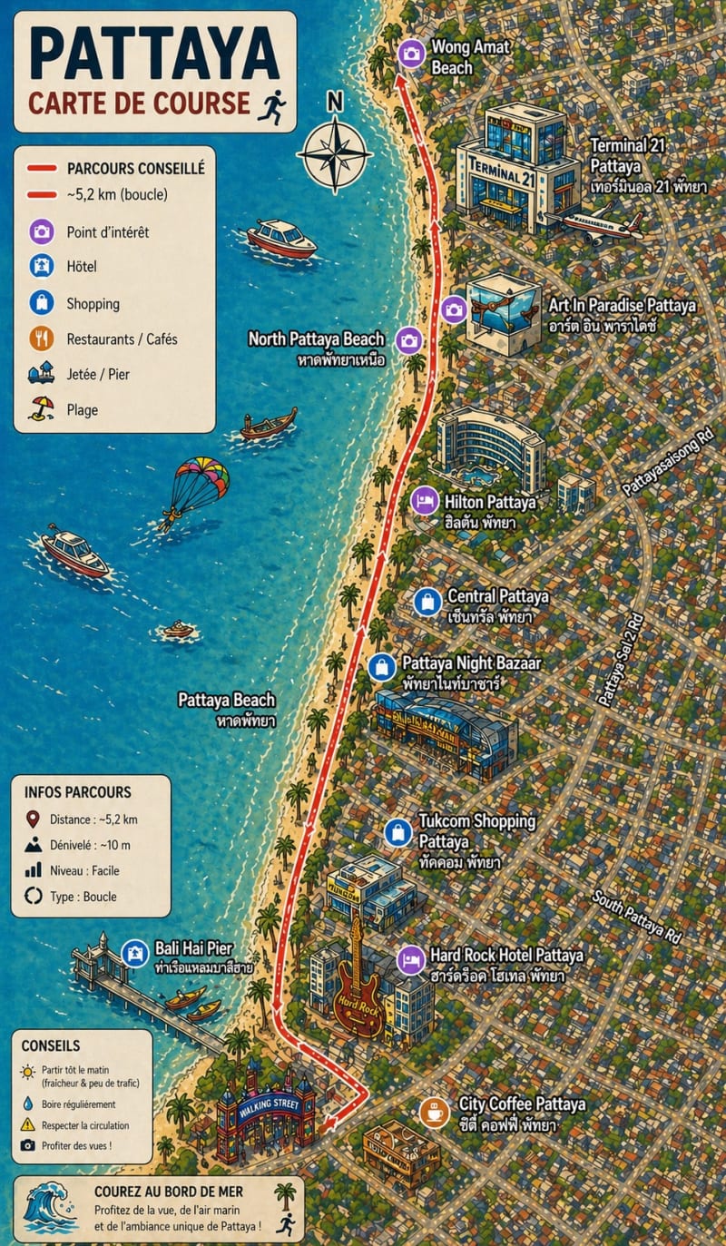 Carte illustrée du parcours de course Pattaya Beach Road avec points de repère