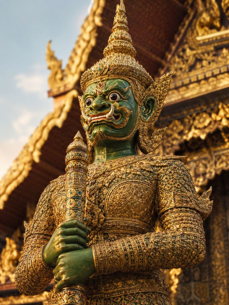 Statue géante de Thao Wessuwan montant la garde à l'entrée d'un temple en Thaïlande