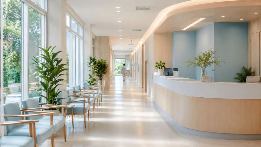 Couloir et comptoir d'accueil d'une clinique privée en Thaïlande