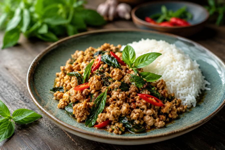 Pad Kaprao poulet haché basilic thaï