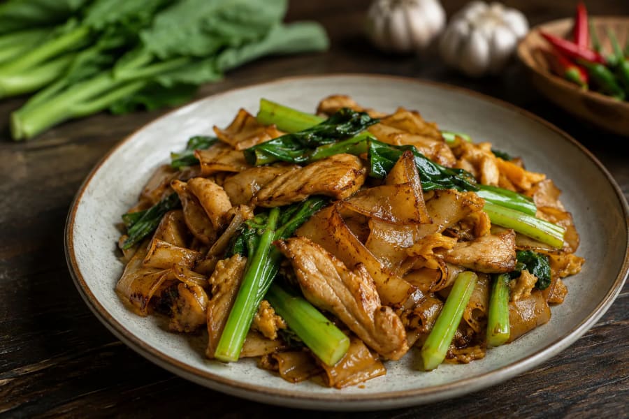 Pad Siew nouilles larges poulet brocoli Thaïlande