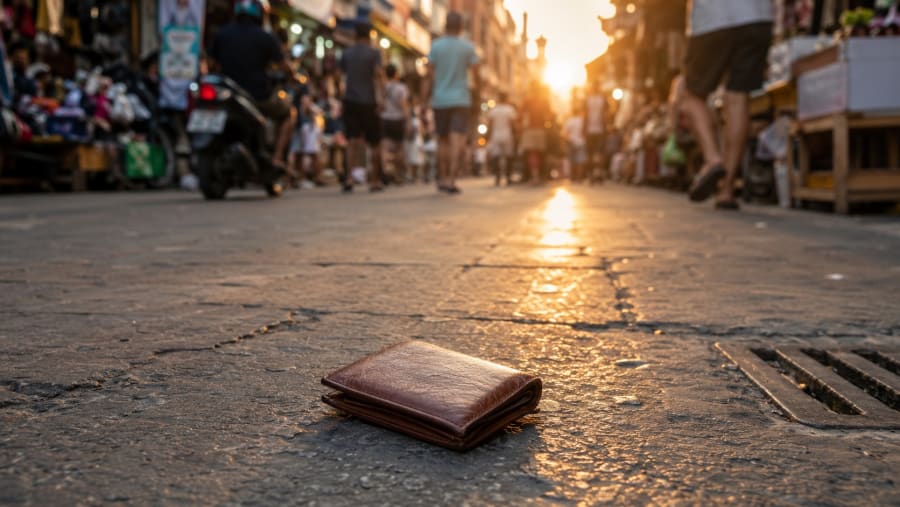 Portefeuille perdu sur un trottoir de marché en Thaïlande