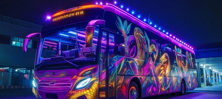 Bus longue distance Thaïlande décoré néons