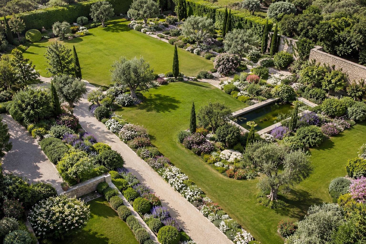 Jardin vu du ciel : grande pelouse, bassin allongé et oliviers