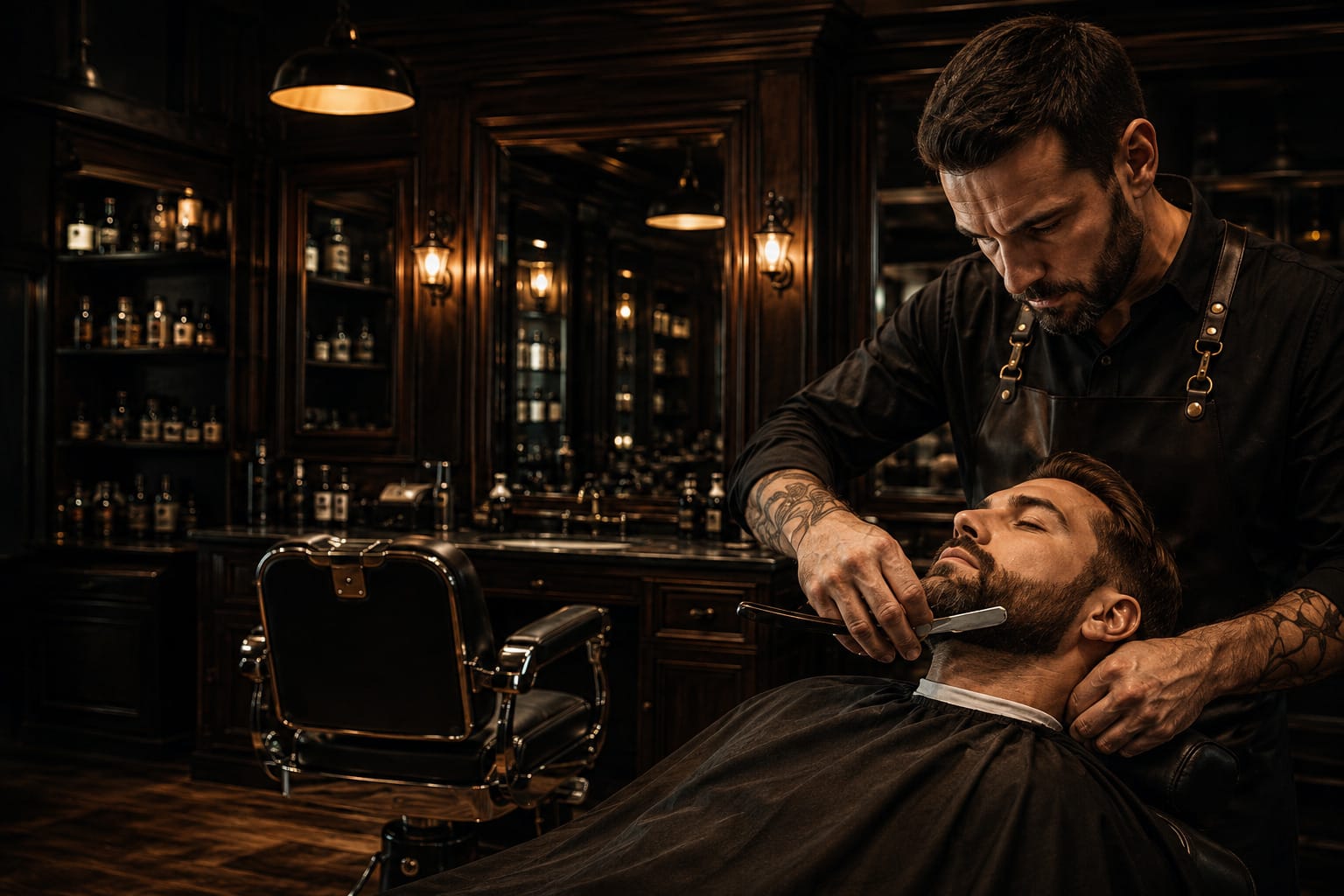 Un barbier rase le menton d'un client au coupe-chou, dans un salon aux boiseries sombres éclairé par des lampes en laiton, un fauteuil de barbier en cuir au premier plan.