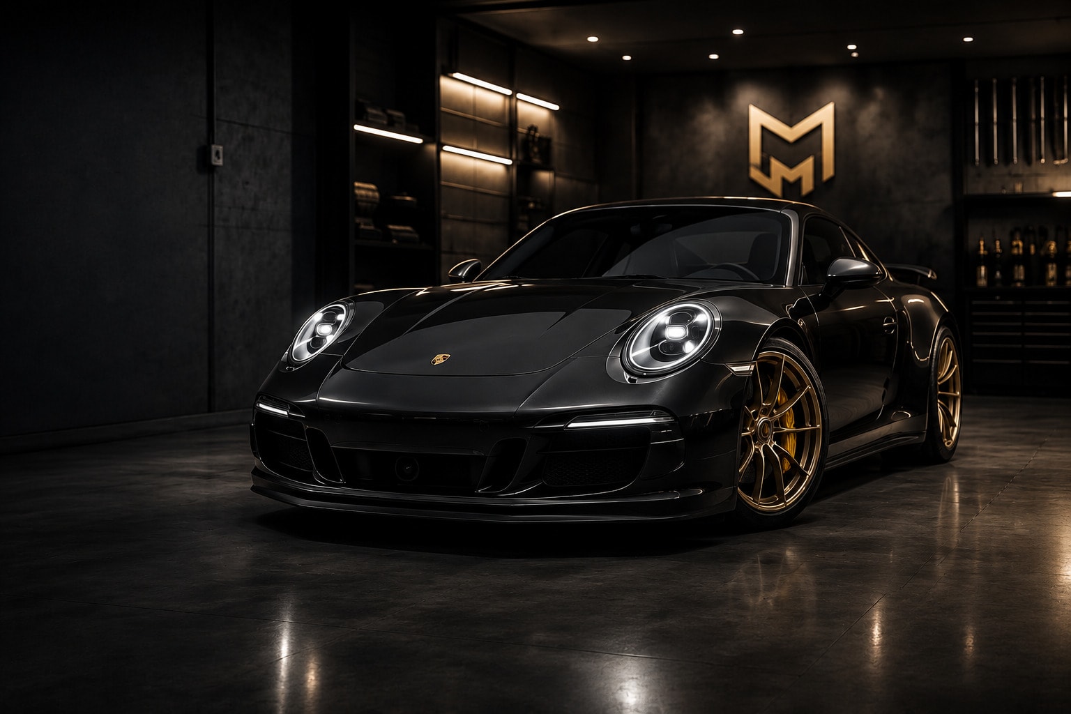 Une voiture de sport noire aux jantes dorées, garée au centre d'un atelier sombre éclairé par des bandeaux lumineux ; au mur du fond, le monogramme doré de Maison Motors.