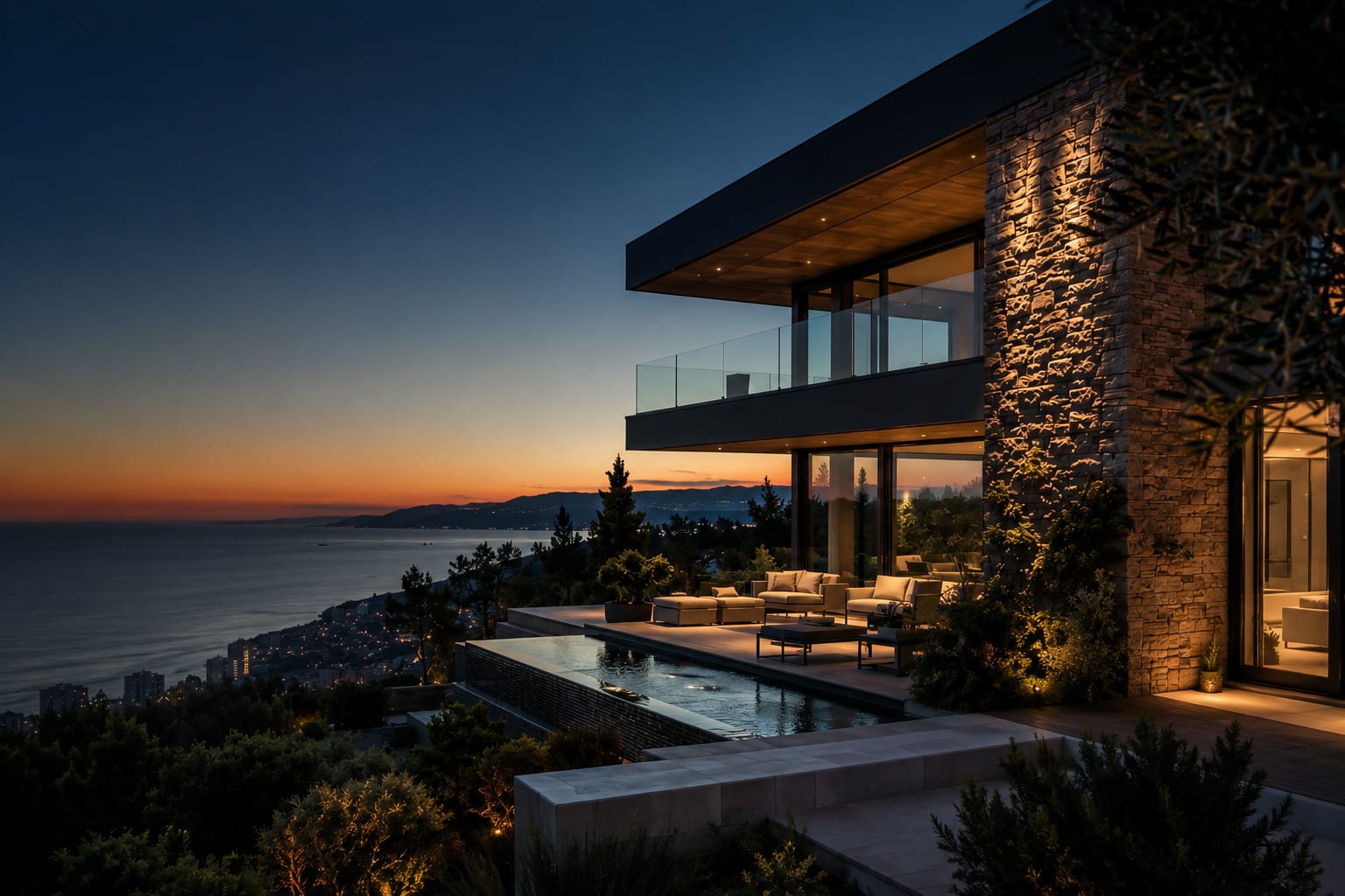 Villa contemporaine en pierre et verre à la tombée de la nuit, terrasse éclairée et bassin en longueur ouverts sur la mer et sur une baie illuminée en contrebas.