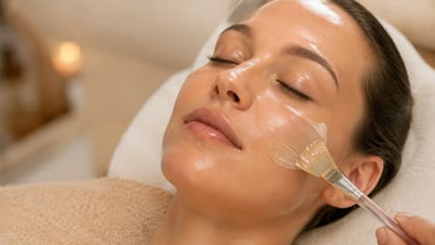 Soin du visage en gros plan : une femme allongée, les yeux fermés, la tête posée sur une serviette blanche, pendant qu'une esthéticienne étale un masque transparent sur sa pommette avec un pinceau plat.
