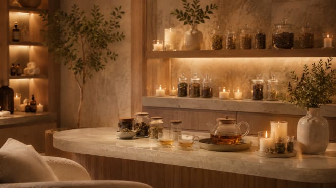 Comptoir de tisanerie en pierre claire : une théière en verre remplie d'infusion ambrée sur un plateau, deux tasses servies, des bocaux de plantes séchées à bouchon de bois et des bougies allumées ; au fond, des étagères de bocaux en verre et un vase de feuillage.