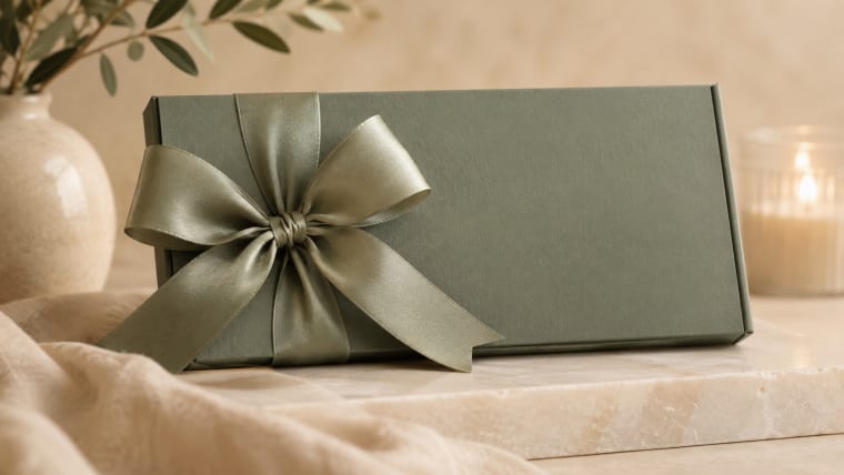 Coffret cadeau vert sauge fermé par un large ruban de satin noué en nœud, posé sur une tablette de pierre claire, entre un vase garni d'un rameau d'olivier et une bougie allumée.