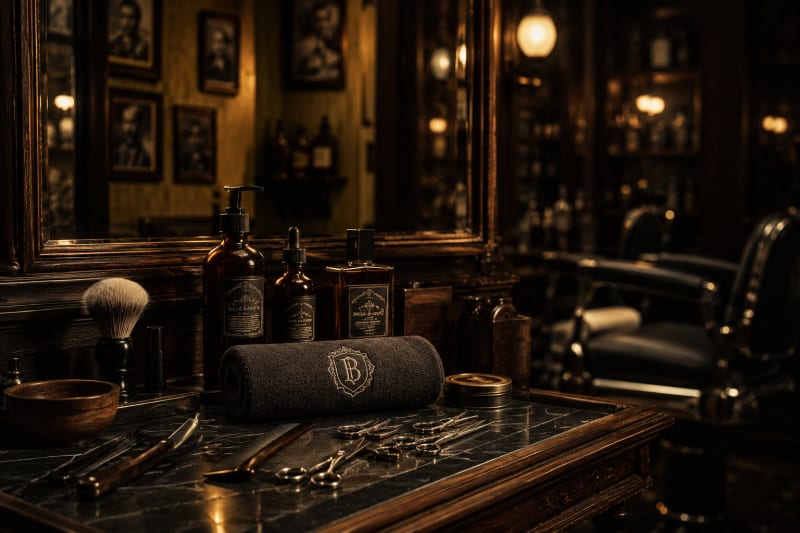 Le plan de travail en marbre sombre du salon, devant le grand miroir : trois flacons ambrés, un blaireau sur son socle, un bol en bois, une serviette roulée brodée d'un monogramme, un rasoir coupe-chou ouvert, un peigne et plusieurs paires de ciseaux posées sur le marbre.