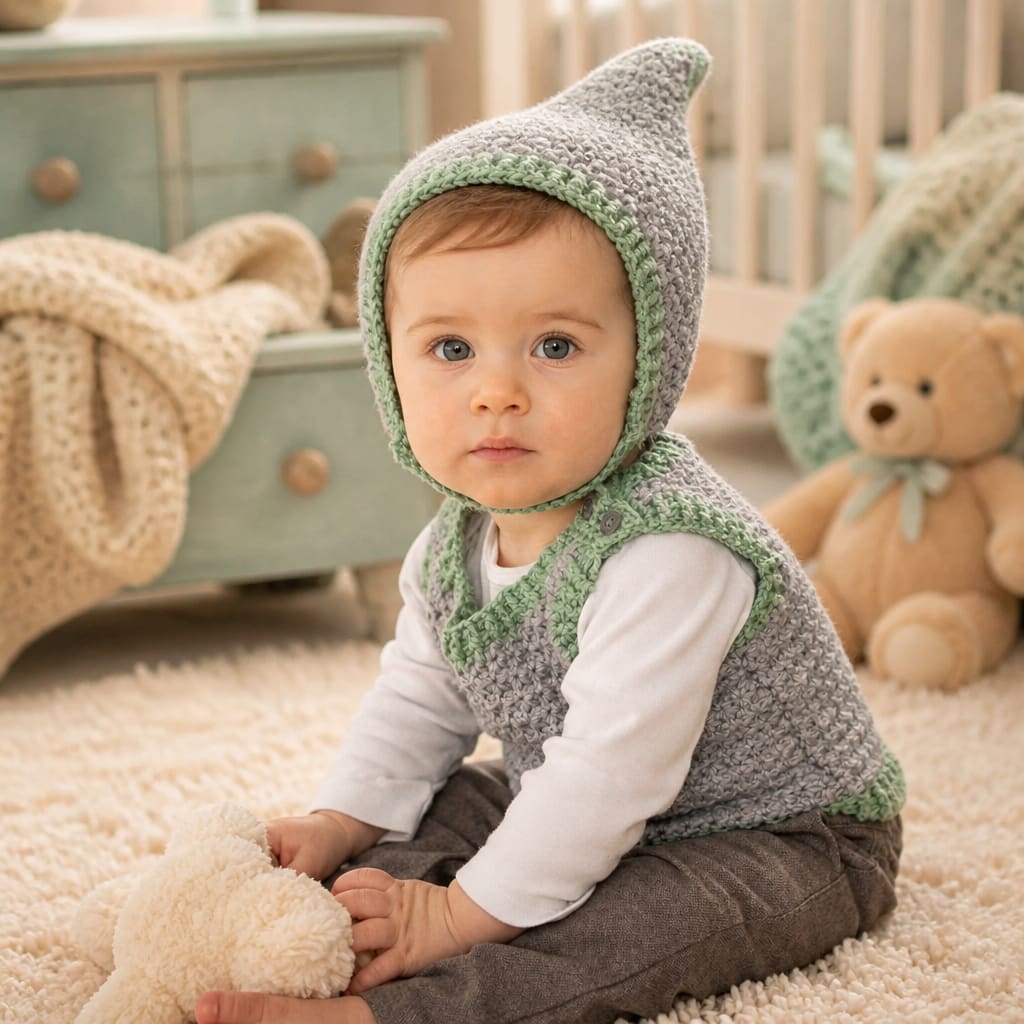 Modèle gratuit d'ensemble bonnet et gilet lutin au crochet