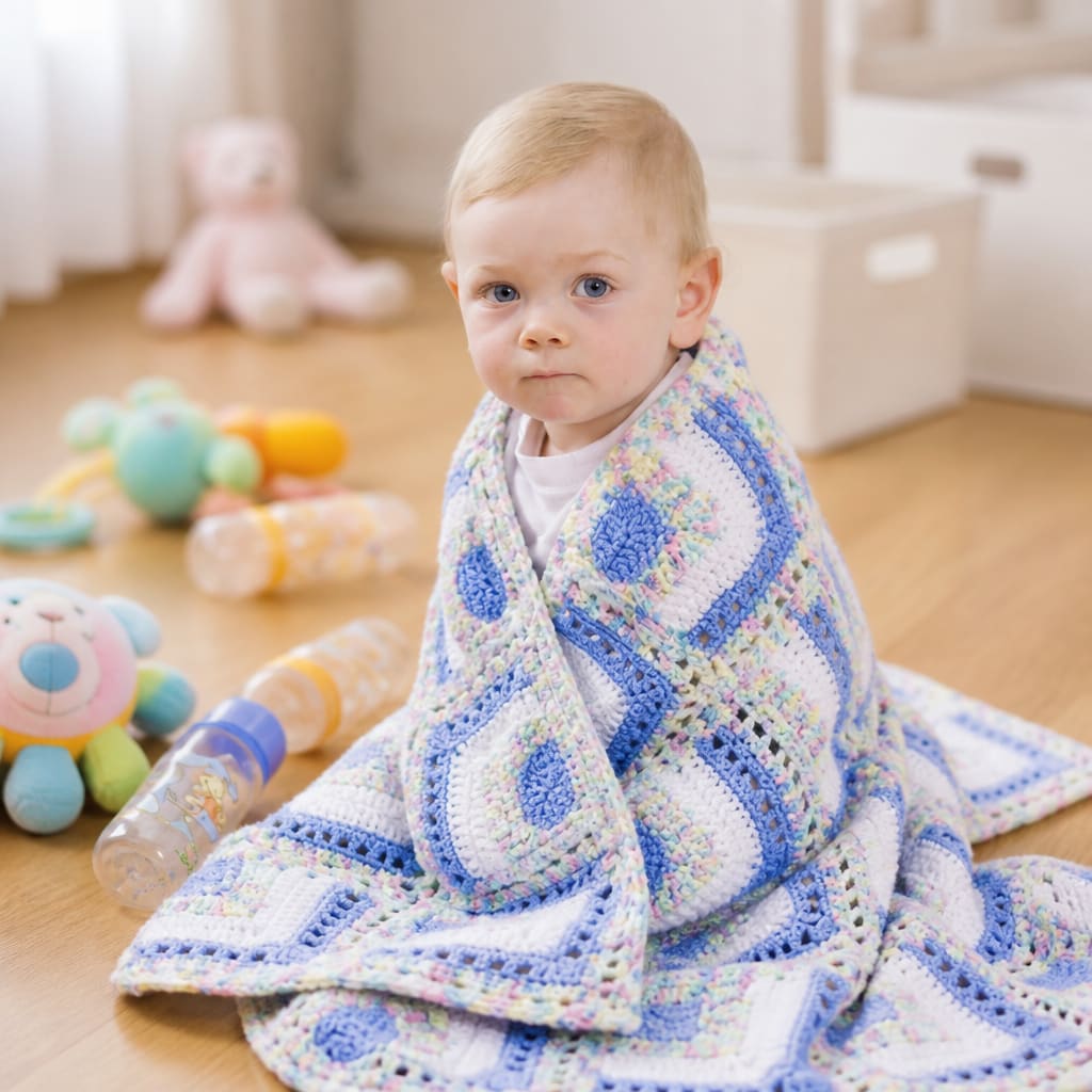 Modèle gratuit de couverture bébé au crochet à carrés biais