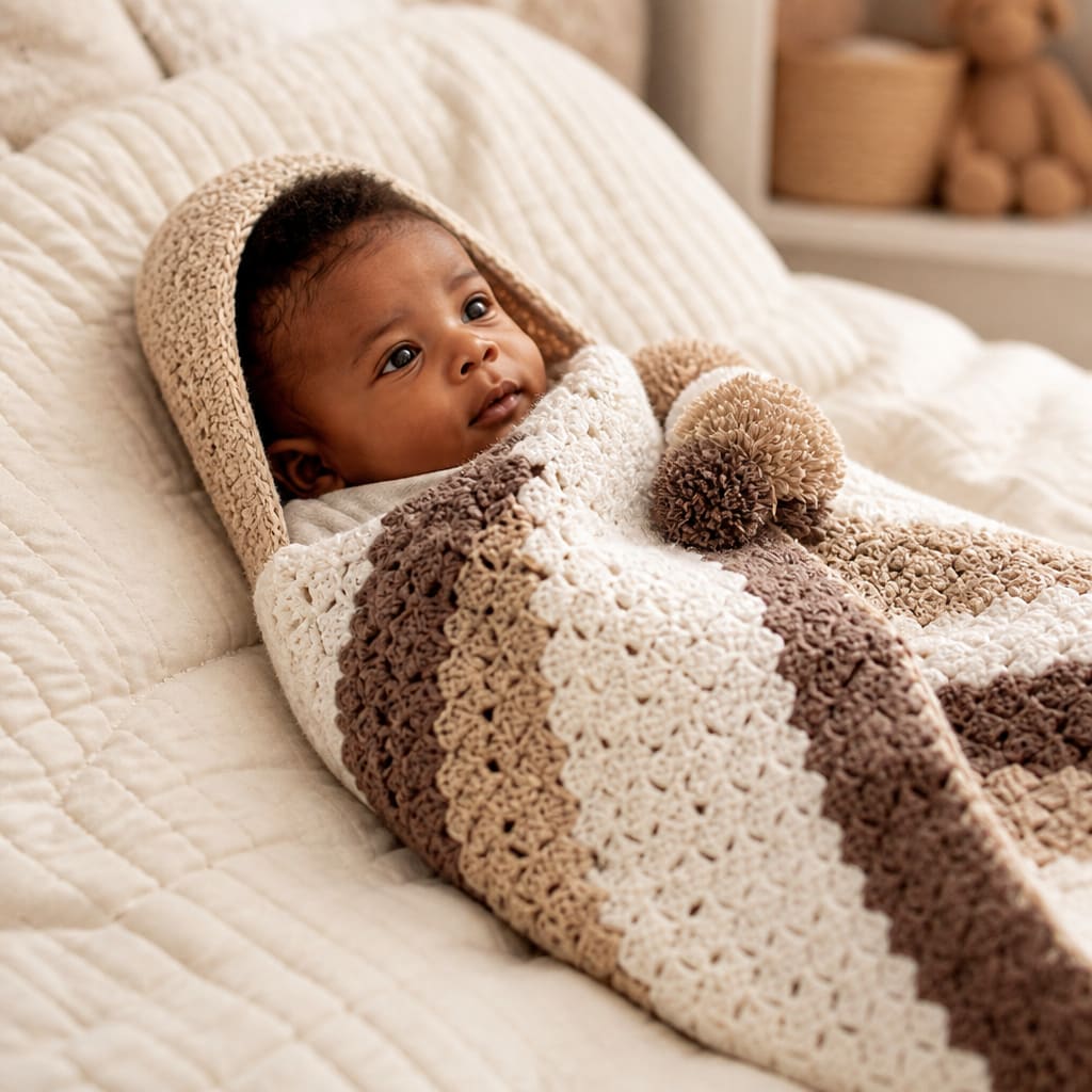 Modèle gratuit de gigoteuse bébé à capuche au crochet