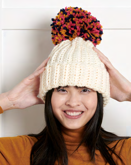 Pom On Top Crochet Beanie in Faded Denim color