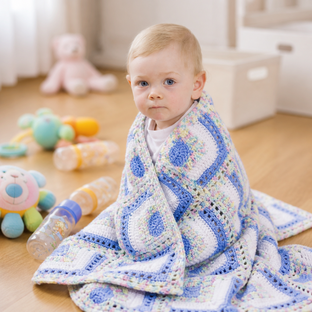 Modèle gratuit de couverture bébé au crochet à carrés biais