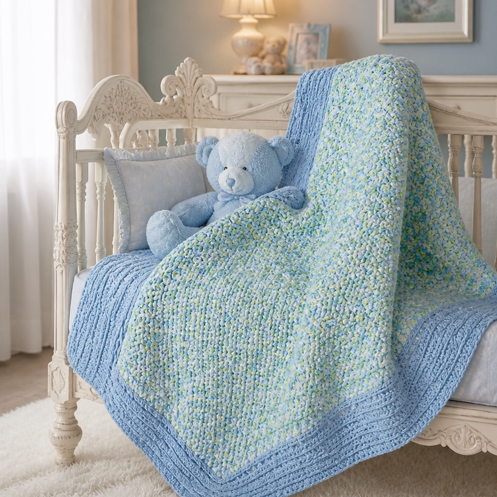 Modèle gratuit de couverture pour bébé au crochet points groupés et croisillons