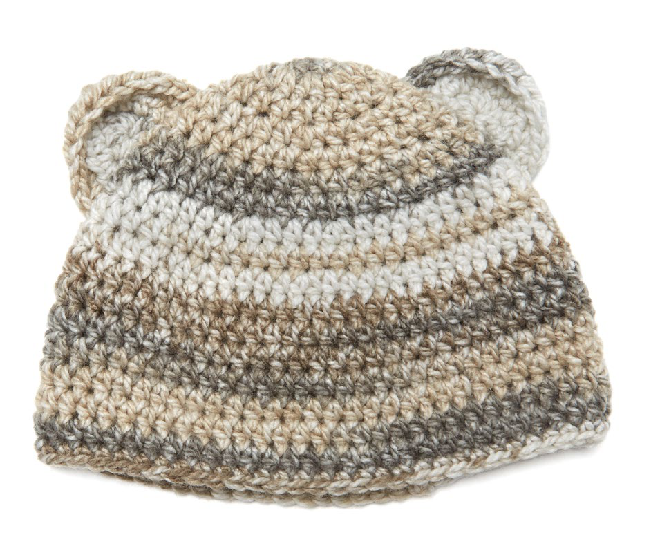 Crochet bear hat with ears sewn on, finished project