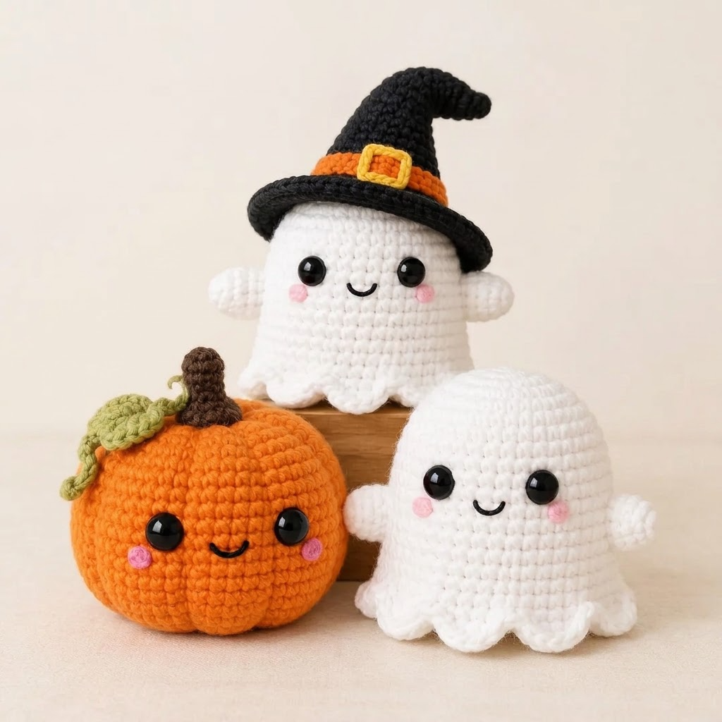 Amigurumi Halloween Pumpkin and Ghosts Trio