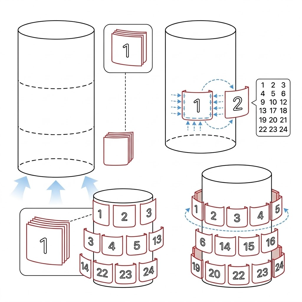 Diagram illustrating the tiered horizontal arrangement of square pockets around Santa's lower body