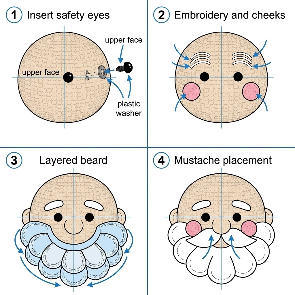 Assembly diagram for positioning eyes, eyebrows, cheeks, mustache, and scalloped beard on the head