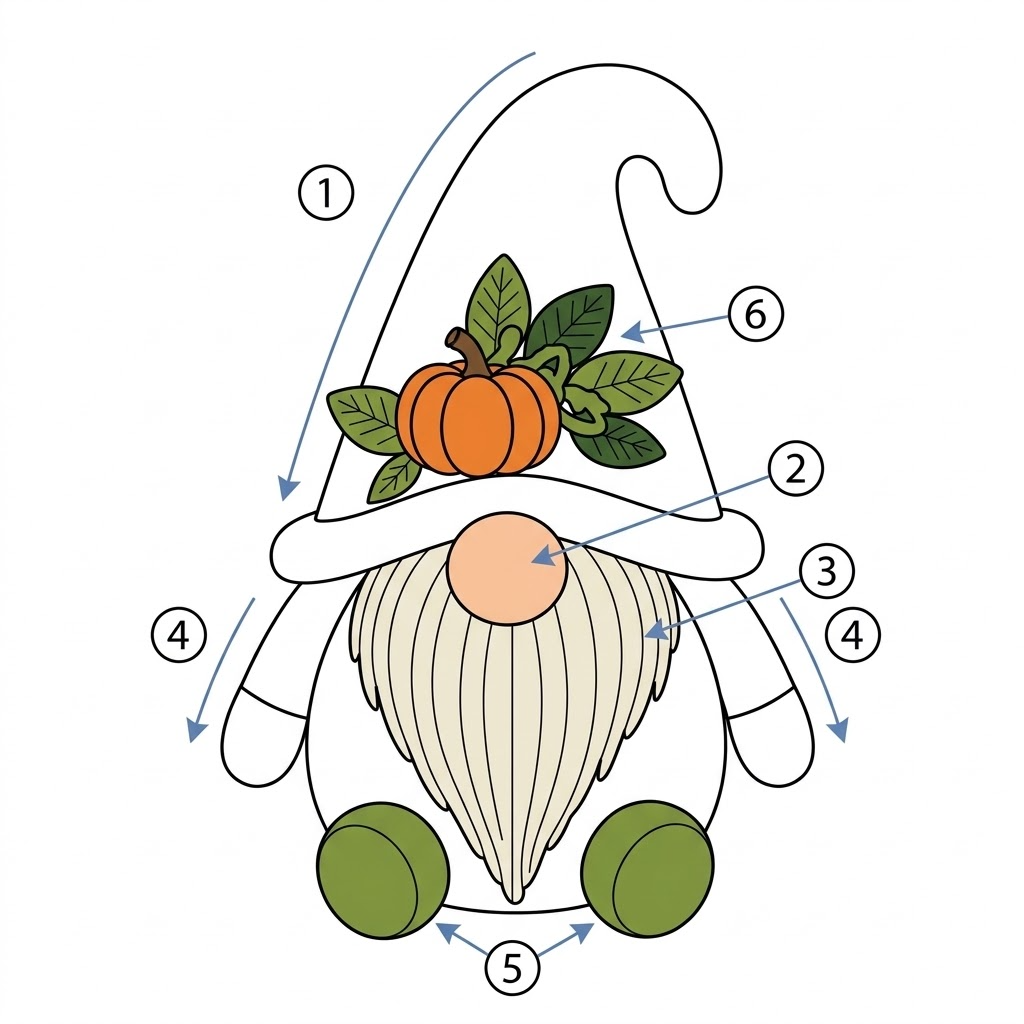 Technical line schematic showing assembly positions for crochet gnome components