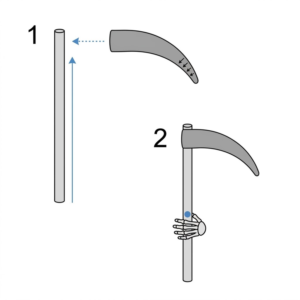 Assembly diagram showing attachment of curved crochet blade perpendicular to the top of the tubular scythe handle