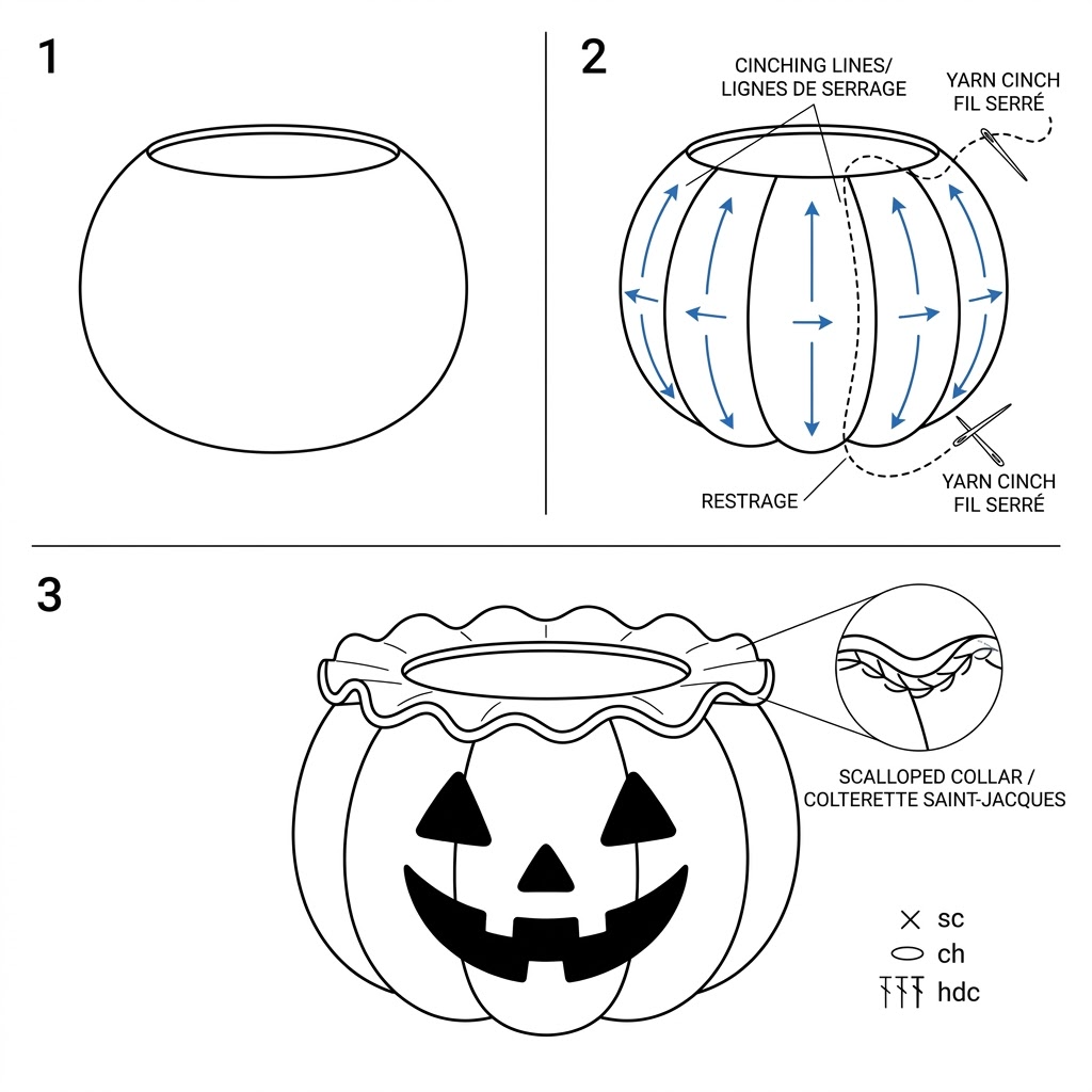 Line diagram demonstrating vertical cinching on the crochet pumpkin bowl