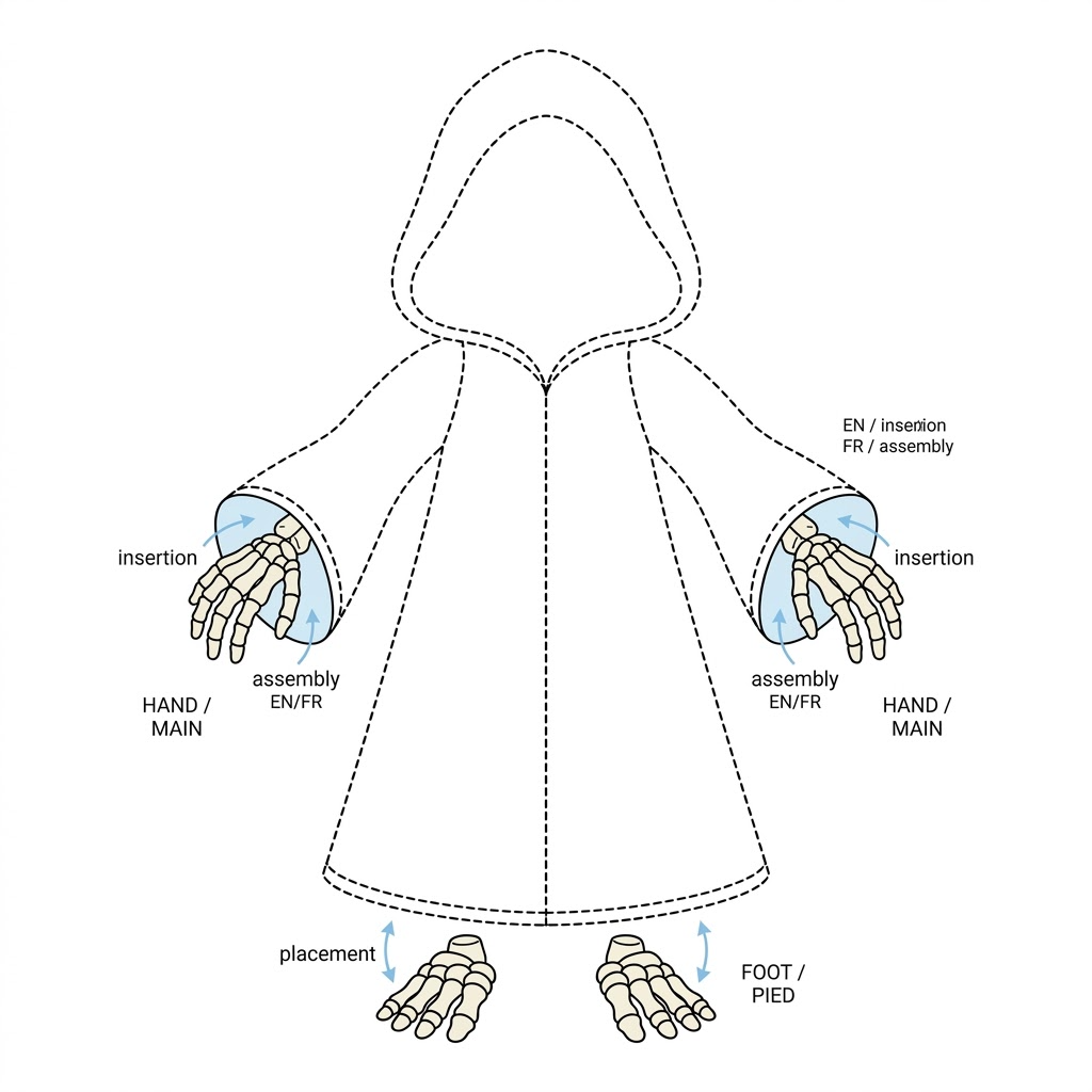 Diagram illustrating the correct placement of the skeleton hands and feet within the gray hooded robe.