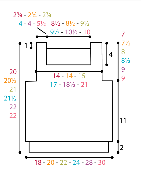 Schematic with finished measurements for all sizes