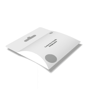  3d mockup of custom pillow box with hanging tab for retail displays