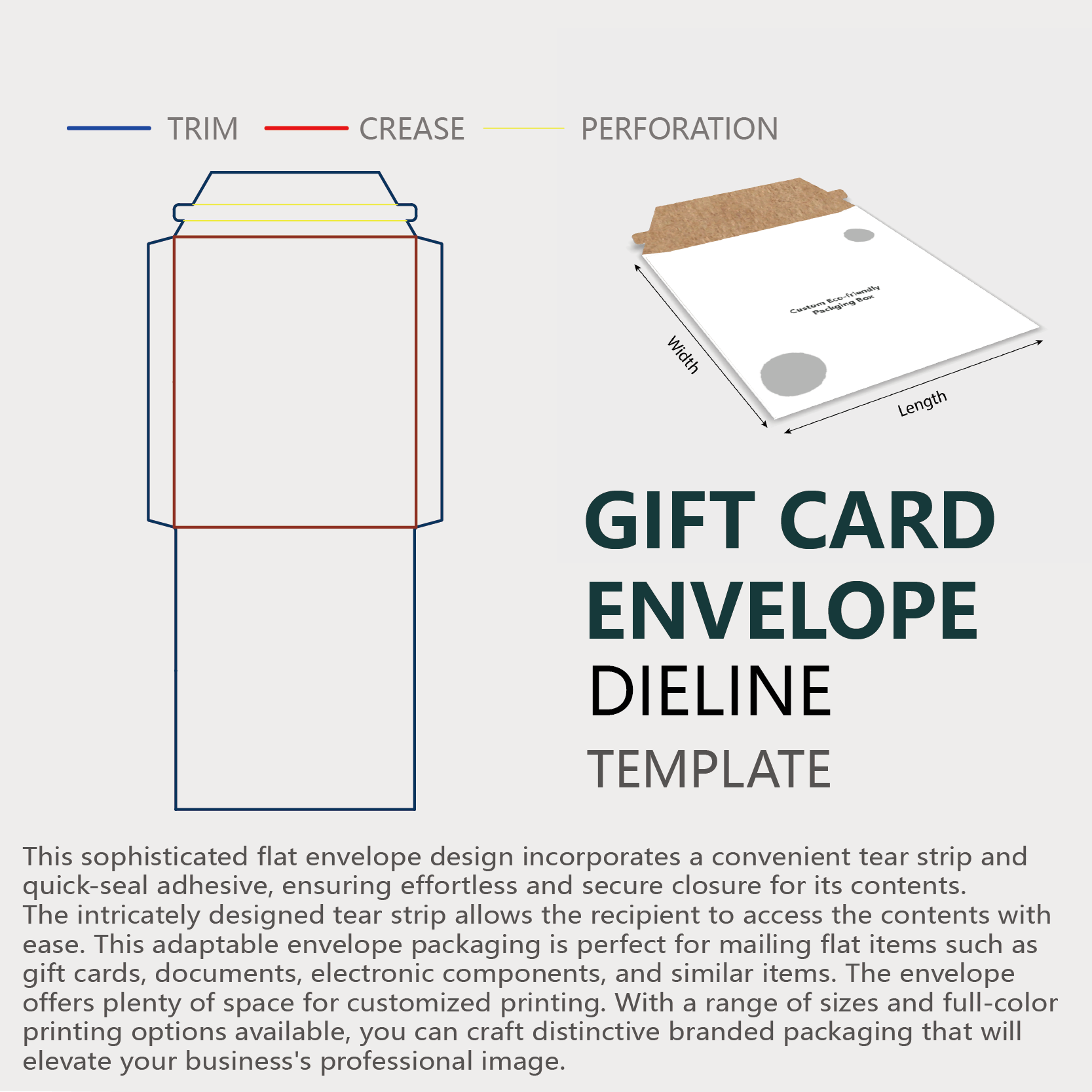  flat envelope packaging with tear strip dieline guidelines